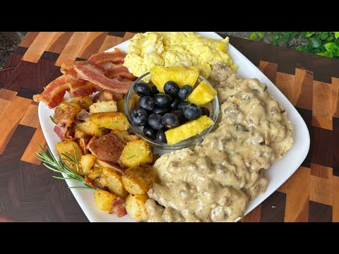 The BEST Sausage Gravy & Biscuits, Breakfast Potatoes, Scrambled Eggs, and Bacon You Will EVER Eat!