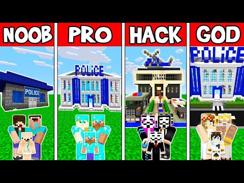 Minecraft Battle: POLICE STATION HOUSE BUILD CHALLENGE - NOOB vs PRO vs HACKER vs GOD Animation