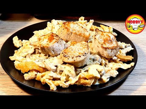 Schweinefilet, mit Spätzle, mit Champignon Rahmsauce