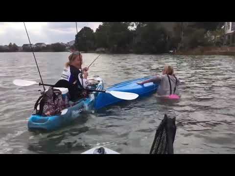 KAYAK FAILS - WATCH WHAT HAPPENS – Two Girls Kayak Fishing vs. Redfsh  - WHO WINS?