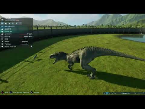 Indominus Rex hunting and eating a goat in Jurassic World Evolution 2 (in slow motion).