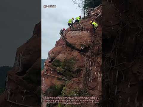 Dangerous Cliff Rescue: 4 Workers Remove Loose Boulder from Steep Mountain Face!