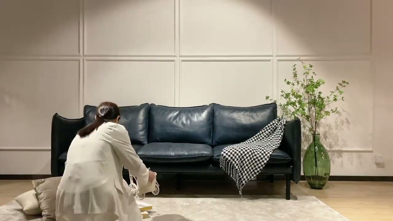 Mid century modern genuine leather sofa.