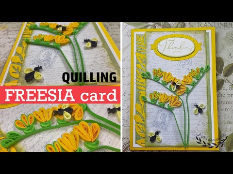 ~JustHandmade~ How to make quilling freesia with small bees - floral card - tutorial