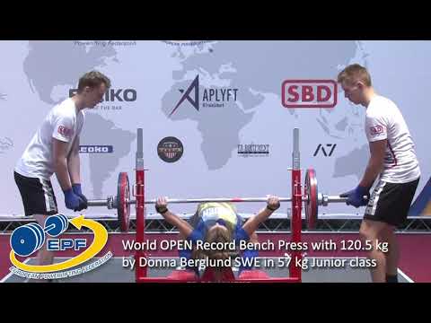 World OPEN Record Bench Press with 120.5 kg by Donna Berglund SWE in 57 kg Junior class