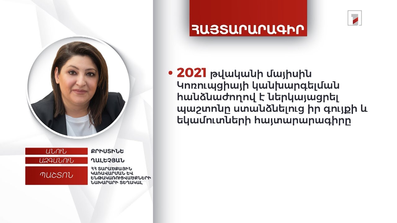 2 անշարժ գույք, 162 հազար դրամ. ՏԿԵ փոխնախարար Քրիստինե Ղալեչյանի հայտարարագիրը