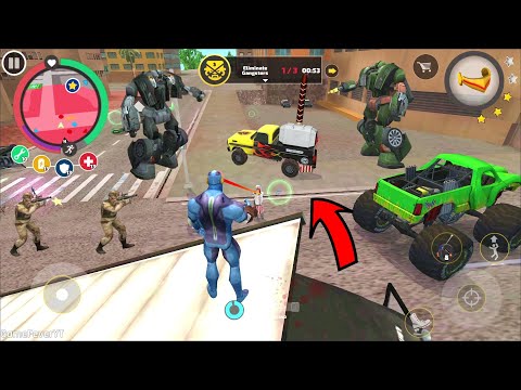 Rope Hero: Vice Town - (Police Car Robot) Monster Truck on Transport Truck - Android Gameplay HD