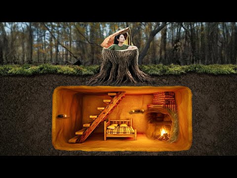 Building a Secret Dungeon in a Tree Stump for Survival in a Dense Forest. Bushcraft