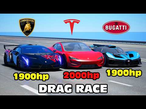 Bugatti Bolide vs Lamborghini Veneno vs Tesla Roadster DRAG RACE