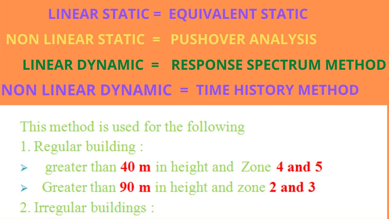 seismic analysis overview:equivalent:pushover:response spectrum:time history analysis:base shear