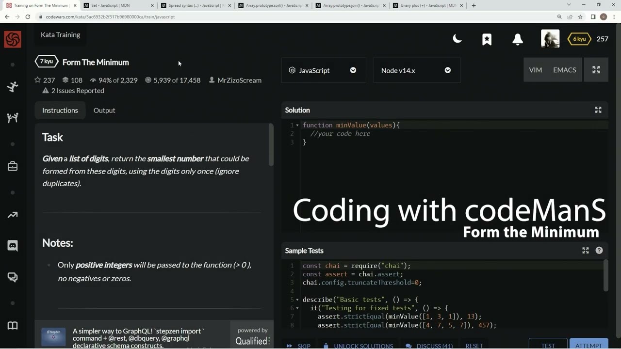 Codewars 7 kyu Form The Minimum JavaScript
