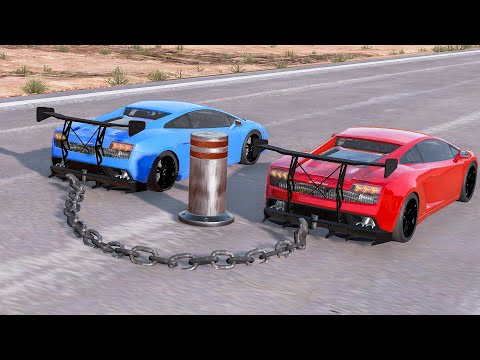 Chained Cars vs Bollards – BeamNG.Drive