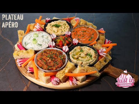 Mediterranean Mezze Platter with Hummus, Tzatziki, Roasted Eggplant, Red Pepper Spreads