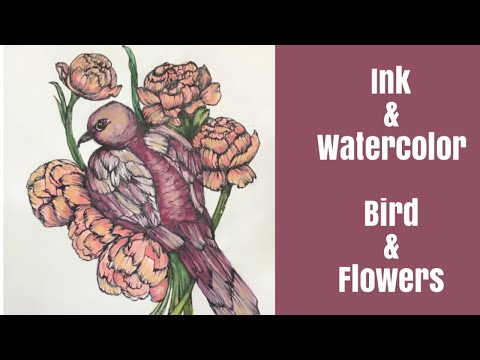 Ink and Watercolor Bird with Flowers