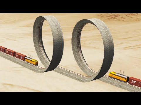 Impossible Double Loop Rail Tracks Vs Trains Crossing Giant Pit - BeamNG.Drive
