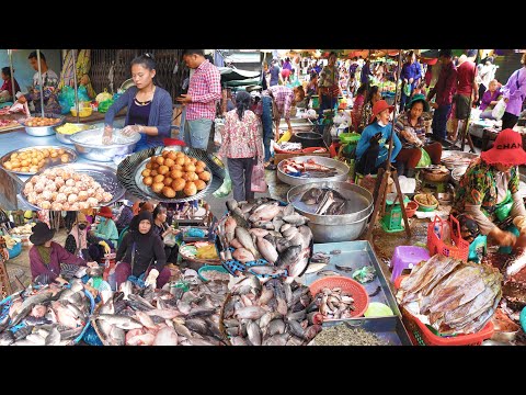 Sweet Cakes, Dried Seafood, Raw Meat, Fish, & More - Cambodian Lively Market & Food Lifestyle