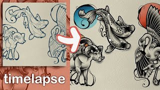 Timelapse - Two-Headed Animal Tattoo Flash, Procreate