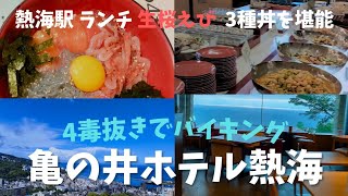 2025年7月に亀の井ホテル熱海に宿泊。約90種類あるバイキングから4毒抜きで食事を選んだら何品食べられた❓アレルギー表示！リストあり！熱海駅ランチ生桜えび、生しらす、釜揚げしらす3種丼の紹介！