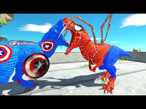 SPIDER-MAN T.REX VS CAPTAIN AMERICA T.REX MOUNTAIN DEATH RUN - Animal Revolt Battle Simulator