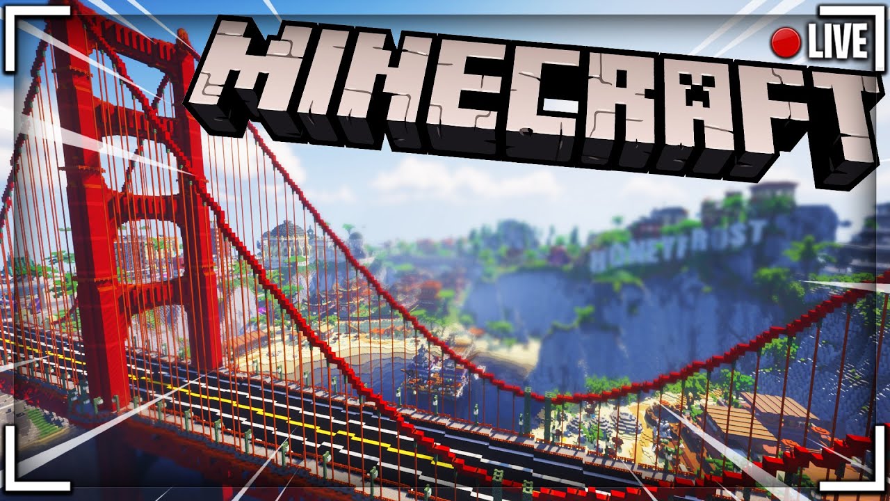 Énorme pont suspendu Minecraft construit en time-lapse, vue panoramique majestueuse