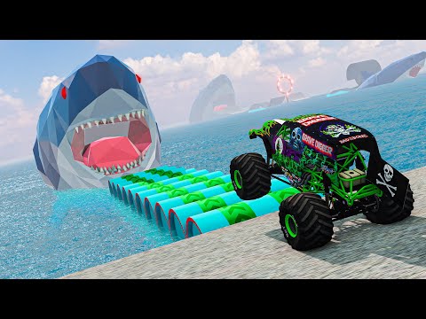 Grave Digger and MONSTER TRUCKS VS MEGALODON - BeamNG Monster Truck Crashes