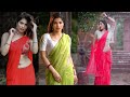 Subhashree Rayaguru Rain Photoshoot With Pink Chiffon Saree And Green Chiffon Saree Beautiful Looks