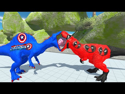 CAPTAIN AMERICA SPINOSAURUS VS DEADPOOL T-REX DEATH RUN PENINSULA - Animal Revolt Battle Simulator