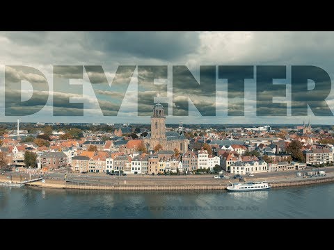 Aerial of Hanseatic medieval city Deventer, The Netherlands, from the other side of the IJssel river