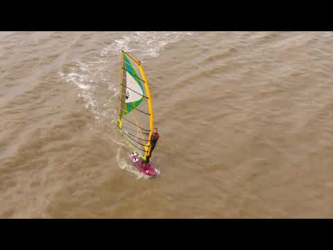 Drone footage of light wind windsurfing session. Fanatic Falcon 159 2021, Starboard Carve 124