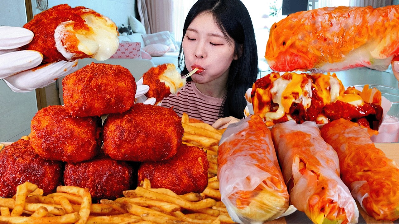 ASMR MUKBANG| 칠리스 치즈스틱 불닭 스프링롤 양념치킨 먹방 & 레시피 FRIED CHICKEN AND FIRE NOODLES EATING