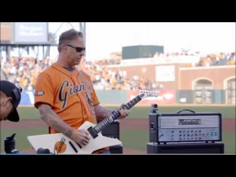 James Hetfield and Kirk Hammett of Metallica perform the national anthem at AT&T Park