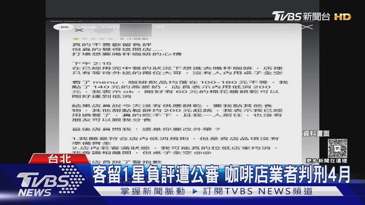 客留1星負評PO網公審　咖啡店業者違＂個資法＂判刑4月