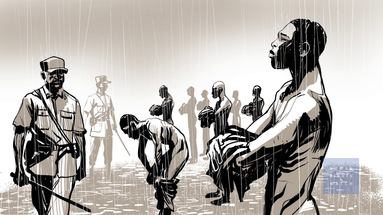 An illustration showing prisoners being tortured in Jail Ogaden, Ethiopia.