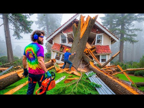 Dangerous Fastest Big Chainsaw Cutting Tree Machines : Tree Falling on Houses | Giga Tech