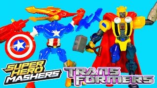 NEW Super Hero Mashers Transformers BumbleBee Strafe Spiderman Thor Iron Man Swappable Gear Toys