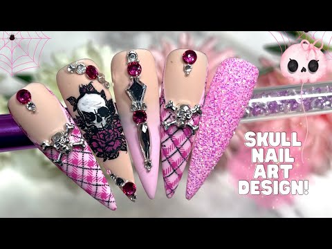 CUTE PINK SKULL NAIL ART DESIGN USING STAMPING PLATES| HALLOWEEN NAIL ART DESIGN| PLAID NAILS