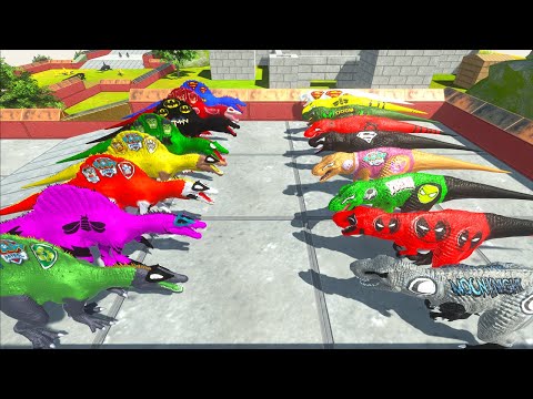 Team Spinosaurus Dc Death Run Speed Race vs Team T-rex Marvel - Animal Revolt Battle Simulator