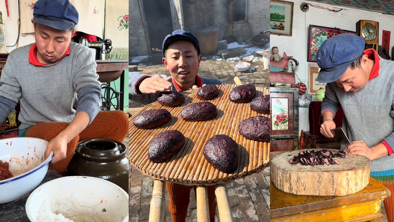 红肠腊肠都吃过了，换个血肠吃吃#food #民间手艺人 #delicious