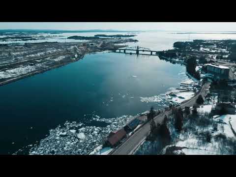 Aerial view of Little Current Ontario and the swing bridge, March 2023