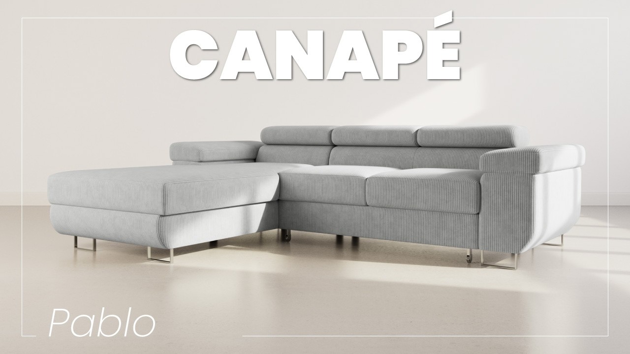 Thumbnail video of the produit Pablo - canapé d'angle gauche - 6 places - convertible avec coffre et têtières réglables - en velours côtelé