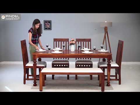 6 seater sheesham wood dining table with 4 chairs and bench