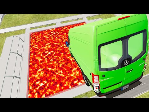 Cars vs Lava Pools Monster Truck, School Bus, Tractor #62 – BeamNG.Drive | BeamNG-Destruction