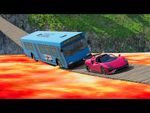 Cars vs Suspension Bridge vs Lava River vs Bus vs Truck vs Flatbed _ BeamNg Eazy Drive Games