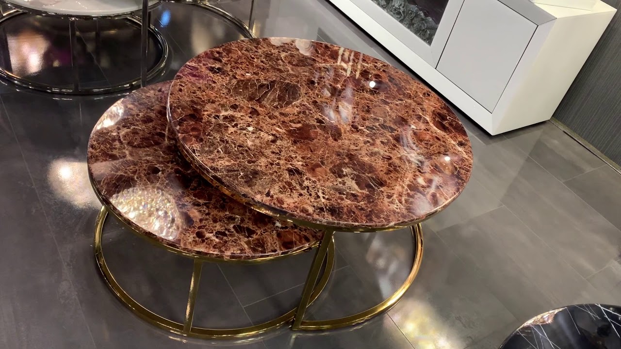 Salontafel Doblo rond bruin marmer goud (set van twee)