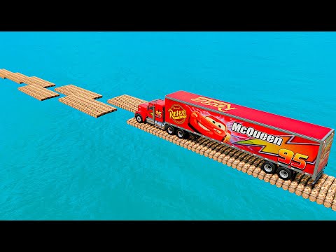 Mack Truck vs Impossible Broken Log Wave Bridge Crossing Cars Vs Deep Water - BeamNG.Drive
