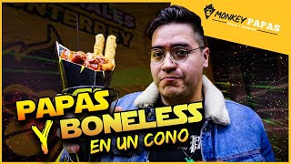 Conos LLENOS DE PAPAS A LA FRANCESA Y BONELESS con mas de 13 aderezos | Monkey Papas