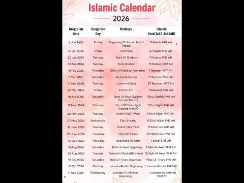 Islamic Calendar of 2026 | ہجری کلینڈر 2026 #islamicteachings #islamicmonths #islamicshorts