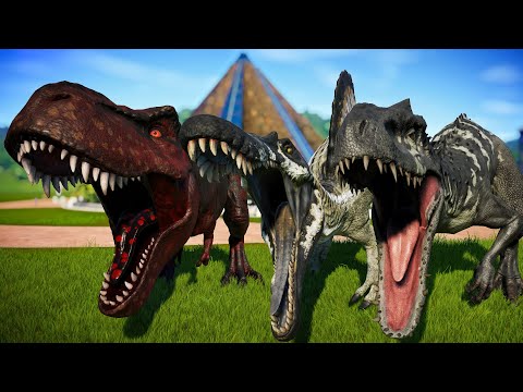 2 Red T-Rex Vs 2 Spinosaurus, 2 Indominus Rex, 2 Acrocanthosaurus - Dinosaurs Battle Royale