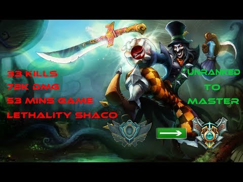 ★ 33 KILLS, 72K DMG, 53 MINS GAME - Unranked to Master #6 | League of Legends - Shaco Only