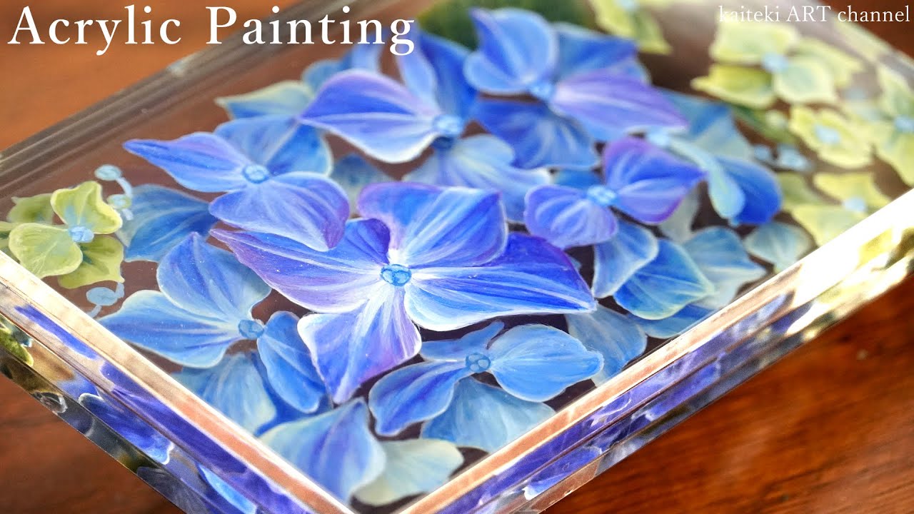 紫陽花の絵を透明なアクリルに閉じ込めてみた👩‍🎨セリアのアクリル板×アクリル絵の具 Painting on layered acrylic plates with acrylic paints